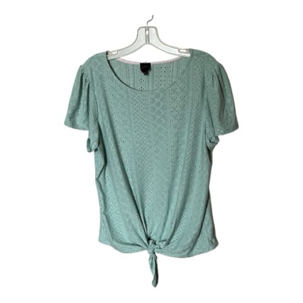 Anthropologie W5 Green Eyelet Short Ruffle Sleeve Shirt Top with Tie Size XL